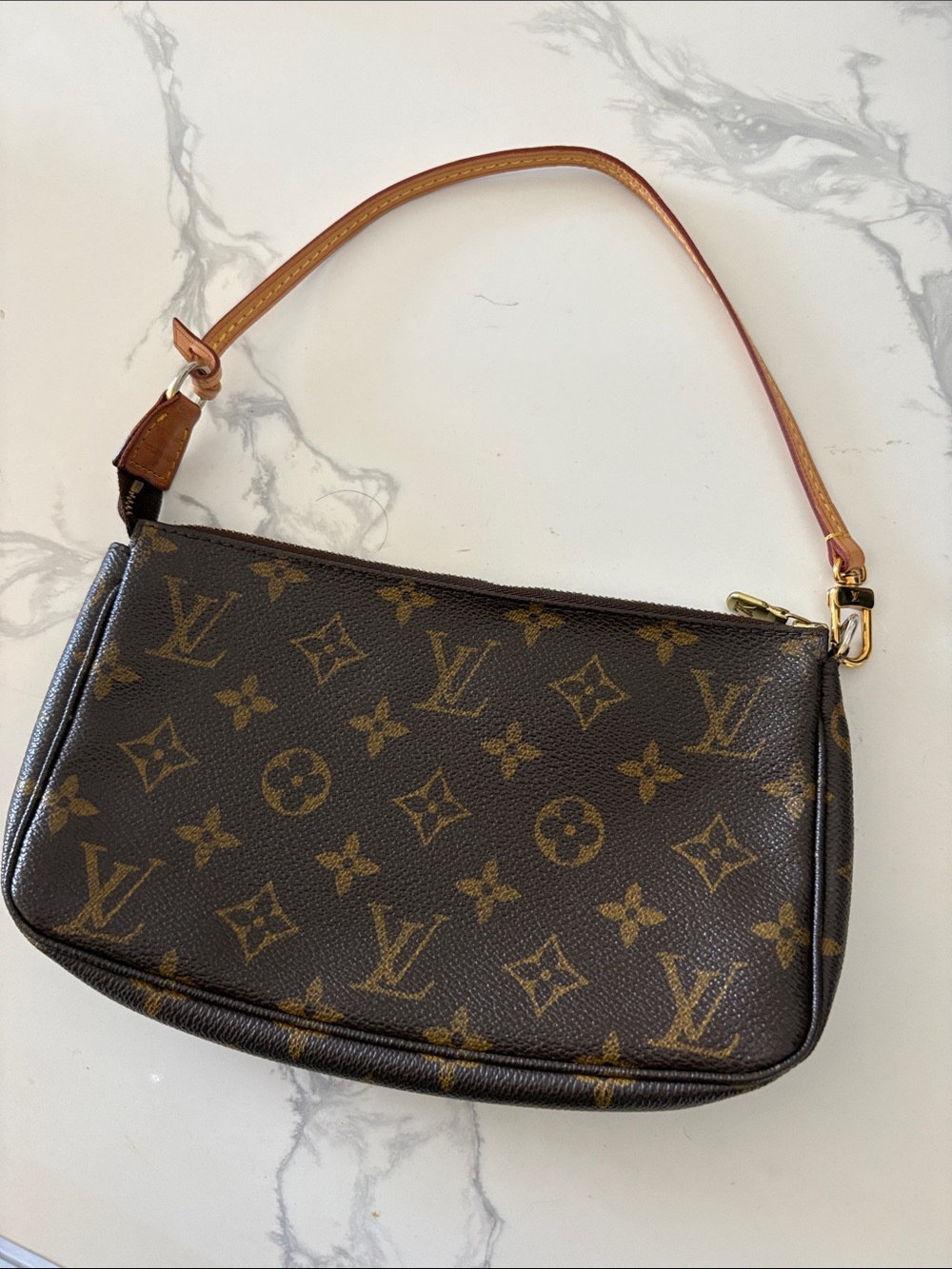 Louis Vuitton Monogram Canvas Mini Shoulder Bag with Tan Strap Pochette